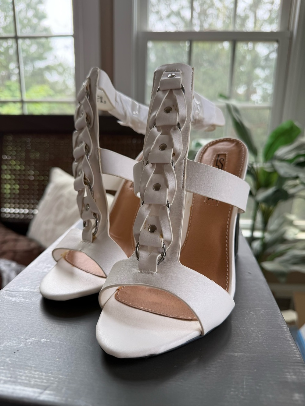 Leila Stone White Braided-Chain T-Strap High Heels